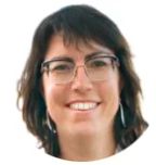 Head shot of Katerina Zourou, smiling with shoulder length brown hair wearing glasses